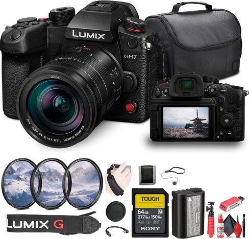 Panasonic Lumix GH7 Mirrorless Camera (DC-GH7BODY) + 64GB Memory Card + Bag + Card Reader + Flex Tripod + Cleaning Kit + Memory Wallet + Hand Strap + Cap Keeper in Kuwait