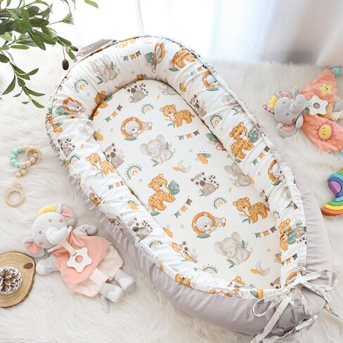 Baby Lounger Cover for Boys Girls, Reversible Baby Nest Cover, Adjustable Baby Lounger Replaceable Cover for Infant Newborn, Portable and Machine Washable, Cotton Gray Elephant Cover Only in Saudi Arabia