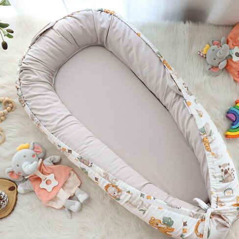 Baby Lounger Cover for Boys Girls, Reversible Baby Nest Cover, Adjustable Baby Lounger Replaceable Cover for Infant Newborn, Portable and Machine Washable, Cotton Gray Elephant Cover Only in Saudi Arabia