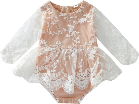 IDOPIP Newborn Baby Girls Lace Romper Dress Toddler Boho Floral Lace Long Sleeve Bodysuit Jumpsuit Baptism Birthday Outfits in Saudi Arabia