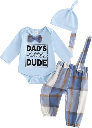 Hnyenmcko Newborn Baby Boy Fall Outfits Letter Print Long Sleeve Romper Suspender Pants Hat Sets Infant Boy Winter Clothes in Kuwait