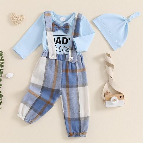 Hnyenmcko Newborn Baby Boy Fall Outfits Letter Print Long Sleeve Romper Suspender Pants Hat Sets Infant Boy Winter Clothes in Kuwait