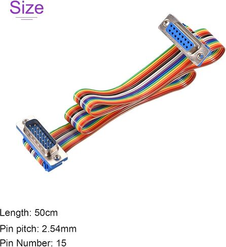 DMiotech 1 Pack 15 Pins IDC Flat Ribbon Cable 30cm Length 2.54mm Pitch DB15 Male to Female Breadboard Jumper Wires for Electronic Projects in Saudi Arabia