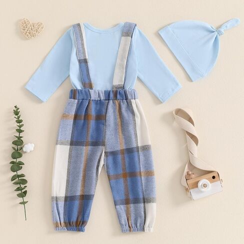 Hnyenmcko Newborn Baby Boy Fall Outfits Letter Print Long Sleeve Romper Suspender Pants Hat Sets Infant Boy Winter Clothes in Kuwait