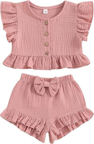 Toddler Baby Girl Solid Color Fly Sleeve Button Ruffle Tops+Bow Shorts Bubble Two Piece Summer Outfit Clothes Set in Kuwait