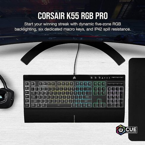 لوحة مفاتيح سلكية للألعاب من Corsair K55 RGB PRO - مقاومة للغبار وانسكاب السوائل IP42 - 6 مفاتيح ماكرو مع تكامل Elgato - متوافقة مع iCUE - QWERTY NA - الكمبيوتر الشخصي، Mac، Xbox - أسود in Saudi Arabia