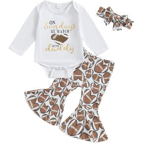 Lamuusaa Newborn Baby Girl Football Outfit Long Sleeve Romper Football Flared Pants Headband Fall Outfits 0-18M