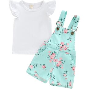Baby Girl Summer Clohes Toddler Overall Shorts Outfits Solid Color Fly Sleeve Ribbed T-shirt Suspender Shorts Set