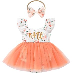 FYMNSI Newborn Baby 1st Birthday Girl Outfits Flutter Sleeve Smocked Floral Tulle Romper Tutu Dress Headband Summer Clothes