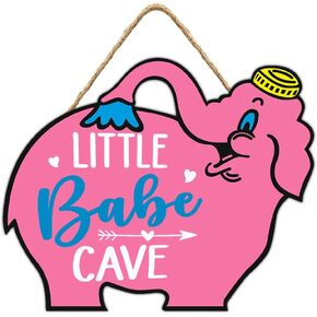 Elephant Nursery Decor - Baby Girl Nursery Decor - Pink Little Babe Cave Door Sign for Little Girl Room Decor Elephant Wall Art Hanging Baby Girl Home Decor Bedroom Nursery Decor for Girls Gift