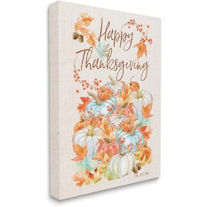 Stupell Industries Happy Thanksgiving Phrase White Autumn Pumpkins, Design by Sherri Buck Baldwin Canvas Wall Art, 16x20, Orange