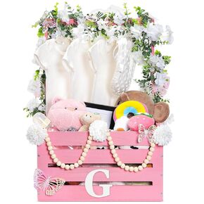 Juexica Wooden Baby Shower Crate Closet, Baby Basket with Handle Butterfly Eucalyptus Garland Wooden Bead Baby Hangers Large Letter, Butterfly Theme Wooden Crate for Pregnancy New Parent