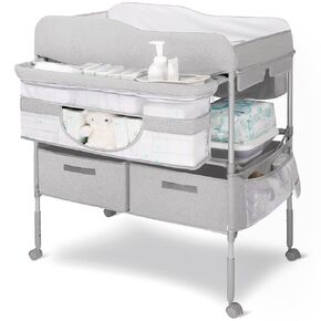 Portable Baby Changing Table, Foldable Changing Table Dresser Changing Station for Infant, Waterproof Diaper Changing Table Pad Topper, Mobile Nursery Organizer for Newborn Essentials (Grey)