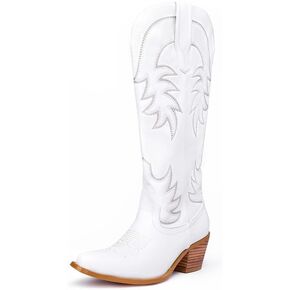 GOSERCE Cowboy Boots for Women Cowgirl Mid Calf Boots Floral Embroidery Pointed Toe Chunky Heel 2.5" Pull-On Fashion