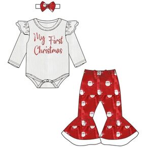 My First Christmas Outfits Newborn Baby Girl Outfits Long Sleeve Knit Ribbed Romper Santa Flare Pant Headband 3Pcs