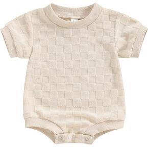 Neutral Baby Clothes Short Sleeve Crewneck Checkerboard Fuzzy Bubble Romper Newborn Boy Girl One Piece Summer Outfit