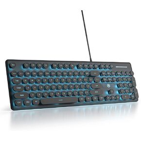 Full Size Blue Typewriter Keyboard,104-Key Retro Punk Keyboard Round keycap with LED Blue Backlight,Silent Keyboard Wired USB, Compatible with PC/Laptop/Computer Keyboard(V300/Blue)