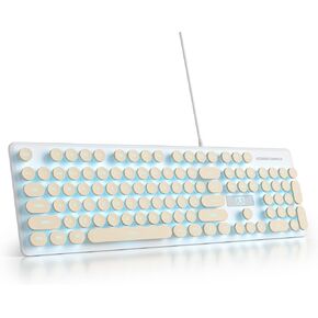 Full Size Blue Typewriter Keyboard,104-Key Retro Punk Keyboard Round keycap with LED Blue Backlight,Silent Keyboard Wired USB, Compatible with PC/Laptop/Computer Keyboard(V300/Blue)