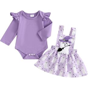 Hnyenmcko Newborn Baby Girl Halloween Outfits Ruffled Long Sleeve Romper Ghost/Pumpkin Suspender Skirt Sets Cute Fall Clothes