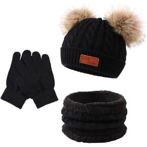 Peecabe Toddler Boy and Girl Hat Scarf Glove Set Knitted Pompom Beanie Fleece Neck Warmer for Fall Winter