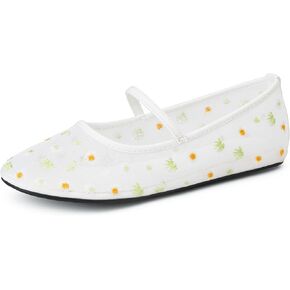 Mesh Flats for Women Mesh Ballet Flat Shoes for Dressy Office Ballerinas Mary Jane Flats with Embroidered