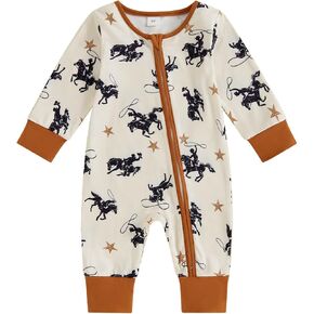 Newborn Baby Boy Girl Western Outfit Cow Horse Print Zipper Romper Long Sleeve One Piece Jumpsuit Cowboy Fall Clothes