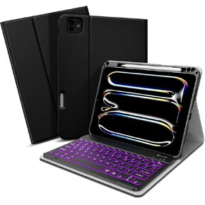 XIWMIX Keyboard Case for iPad Pro 11 inch (M4) 5th Generation 2024, 7 Colors Backlit Wireless Bluetooth Detachable Folio Rechargeable Keyboard Cover with Pencil Holder for iPad Pro 11" 5th Gen, Black
