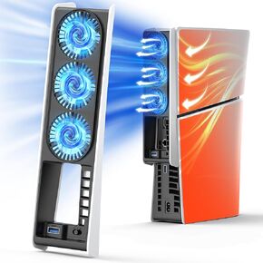 HuiJuKeJi Cooling Fan for PS5 Slim,Auto Power On/Off Cooler Game Accessories for Playsation 5 Slim,3 Led Fans Cooling Station with 2-Speed,USB 3.0 Hub for PS5 Slim Disc/Digital Console