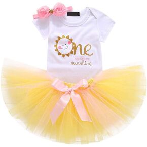 IBTOM CASTLE Sunshine Yellow Boho Sun 1st Birthday Party Cake Smash Skirt Set Princess Romper for Baby Girls Photo Props
