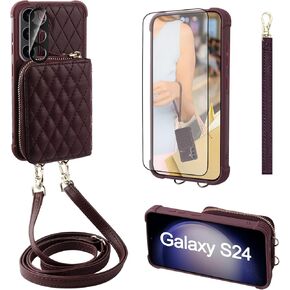 MONASAY Crossbody Wallet Case Compatible for Samsung Galaxy S24 6.2 inch[Glass Lens&Screen Protector] Zipper Leather Phone Cover with Card Holder& Handbag Shoulder Lanyard Strap, Light Blue