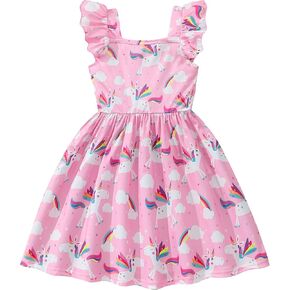 Toddler Girls Summer Dresses Ruffle Sleeveless Square Neck Dinosaur Unicorn Sundress Girls Flutter Sleeve Casual Dress 2T-8T