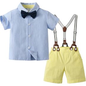 Tiepant Boy's Gentleman Dress Clothes Sets, Shirt + Suspender Shorts + Bowtie