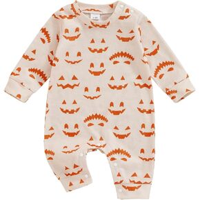 Infant Toddler Baby Boy Halloween Pumpkin Romper Long Sleeve One Piece Jumpsuit Ghost Outfit Holiday Clothes
