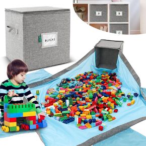 Toy Storage Organizer & Large Play Mat with 3 Seats for Kids - Storage Basket for Building Blocks - Collapsible Fabric Cube Bin 13"x13"x13"