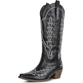 mikarka Cowboy Boots for Women Cowgirl Boots Knee High Western Boots w/Classic Embroidered Pointed Toe Slip-On Chunky Heel Pull On Retro Fashion Tall Long Boot for Ladies