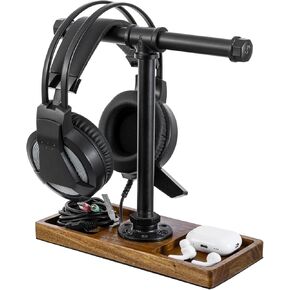 MyGift Premium Acacia Solid Wood and Industrial Black Metal Pipe T-Bar Over Ear Headphones Holder, Tabletop Dual Headphone Display Stand with Accessories Tray