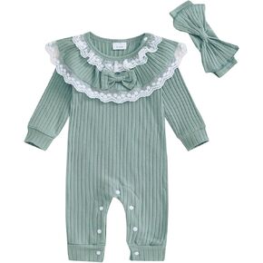 Newborn Girl Clothes Infant Toddler Lace Trim Ribbed Knit Romper Baby Girl Home Coming Outfits with Headband