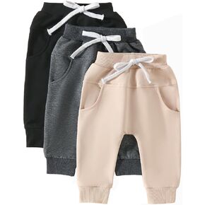 Baby Boys Girls 3 Pack Sweatpants Toddler Solid Elastic Waist Bottom Joggers Pants Unisex Newborn Infant Trousers