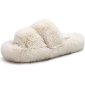 COFACE Womens House Slippers Woman Fuzzy Fluff Indoor Slipper Ladies Furry Fur Bedroom Slip On Slipers Women’s Home Winter Open Toe Plush Shearling Slide Size 5-11