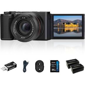 ORDRO 5K Digital Camera Vlogging Camera for Content Creators and Vloggers, 64MP Digital Camera for Photography Flip Screen, 12X Optical Zoom Camera, Auto Focus, IR Night Vision Function, 64GB Card