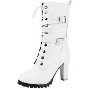 Caradise Womens Lace Up Mid Calf Goth Chunky Heel Combat Boots with Buckles