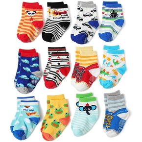 Non Slip Cotton Kids Toddler Ankle Socks with Gripper 12 Pairs Socks for Boys Girls Baby Socks for 1-7 Years