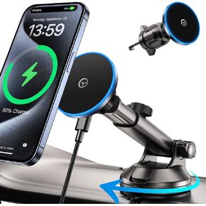 for MagSafe Car Mount Charger -【DashVentWindshield】Wireless Car Charger with [LED Light] for Night Align, Strong Magnetic Phone Holder for Car for iPhone 16 15 14 13 12 Series,Fit MagSafe Accessories