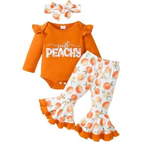 Newborn Infant Baby Girl Clothes Ruffle Long Sleeve Just Peachy Romper+Peach Flare Pant+Headband Cute Fall Outfit