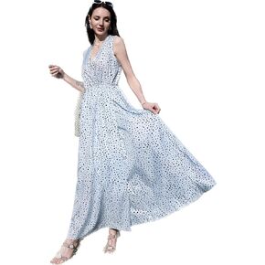 Women V Neck Sleeveless Retro Beach Long Dress Vacation Floral Print A Line Maxi Dress Maternity Dress in Saudi Arabia