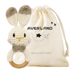 Crochet Bunny Rattle for Baby, Soft Baby Rattle Toys Wooden Ring Rattle for Toddlers Cute Rattle Toy Boy Girl First Rattle Gift Perfect Baby Shower Gift for Moms & Babies, #1 Bunny