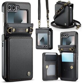 حافظة Vinich Crossbody لهاتف Samsung Galaxy Z Flip 6 مع حامل بطاقات RFID، حافظة هاتف جلدية متينة قابلة للفصل مع حزام معصم قابل للطي لهاتف Galaxy Z Flip 6، أرجواني