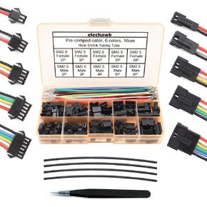 SM 2.5mm Connectors Male Female Plugs Sockets with 22AWG Pre-Crimped Silicone Cables Wire Compatible with JST SM Connectors 2.5mm 2.54mm Pitch 2 3 4 5 6 Pin Housing Kit