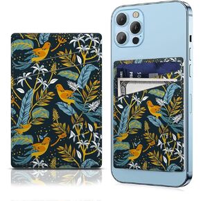 Phone Card Holder Leather, Dual Pocket Phone Wallet Adhesive Stick On, Cute Credit Card Pocket for Phone Case Compatible with Most Phone White Bule Flower