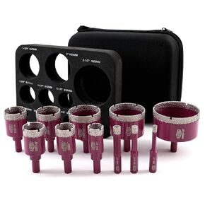 Diamond Drill Bits Set 12pcs - 9pcs 6/6/8/20/25/35/50/75/100mm Hole Saw, 20mm Finger Milling Bit, 50mm Beveling Chamfer Bit, 5/8-11 Thread, Adapter for Ceramic Porcelain Tile Marble Granite